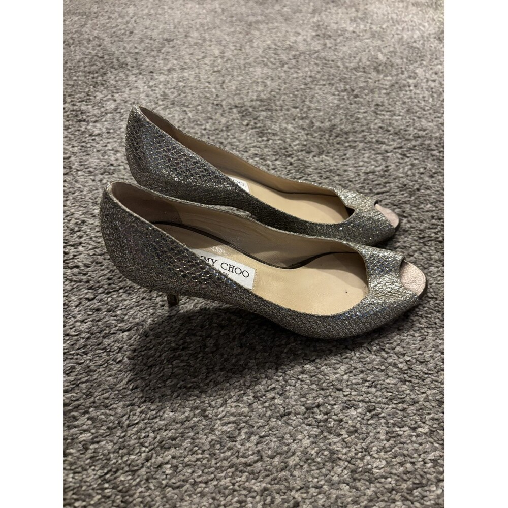 Jimmy Choo London‎ Evelyn Sparkly Metallic Silver Gold Peep Toe Pumps 37 US 7